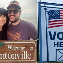 Will Klatt and wife, Clintonville sign and Vote Here sign