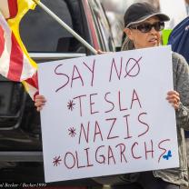 Woman holding sign at Tesla protest